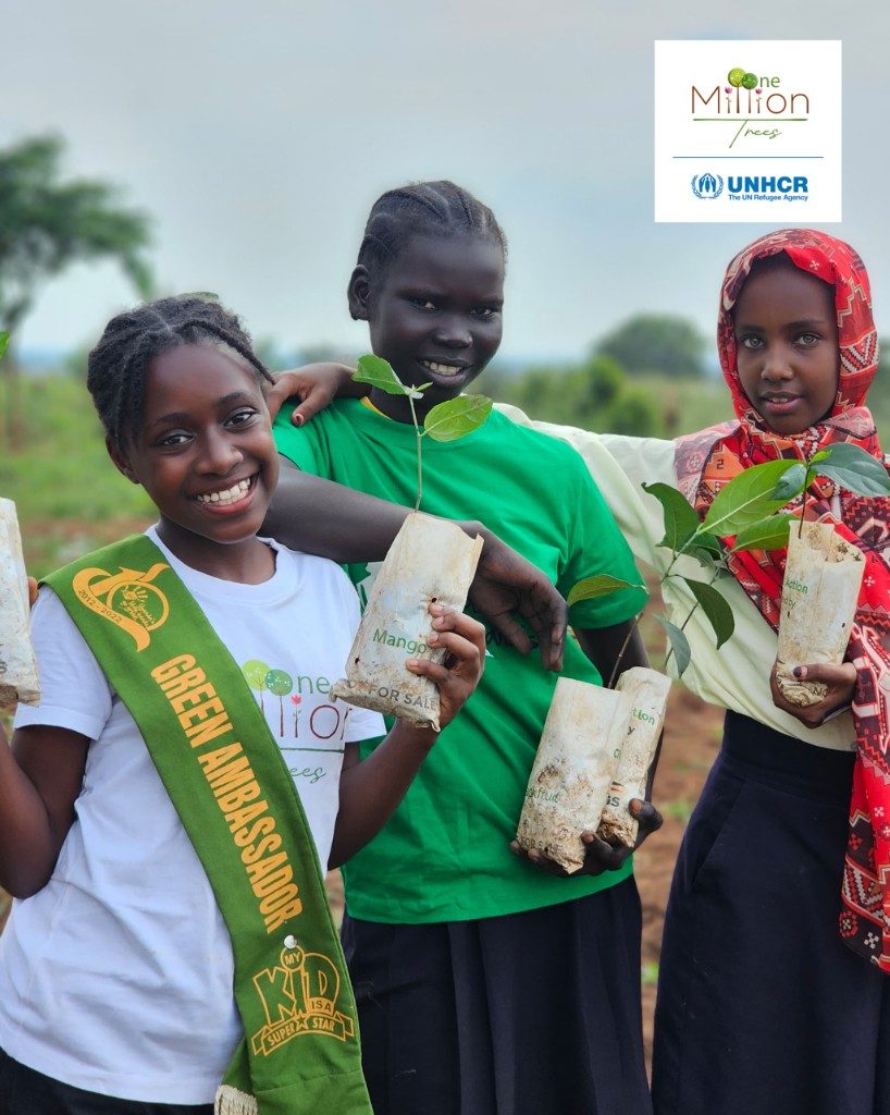 Young Green Ambassador with peers holding mango seedlings, with One Million Trees and UNHCR logos